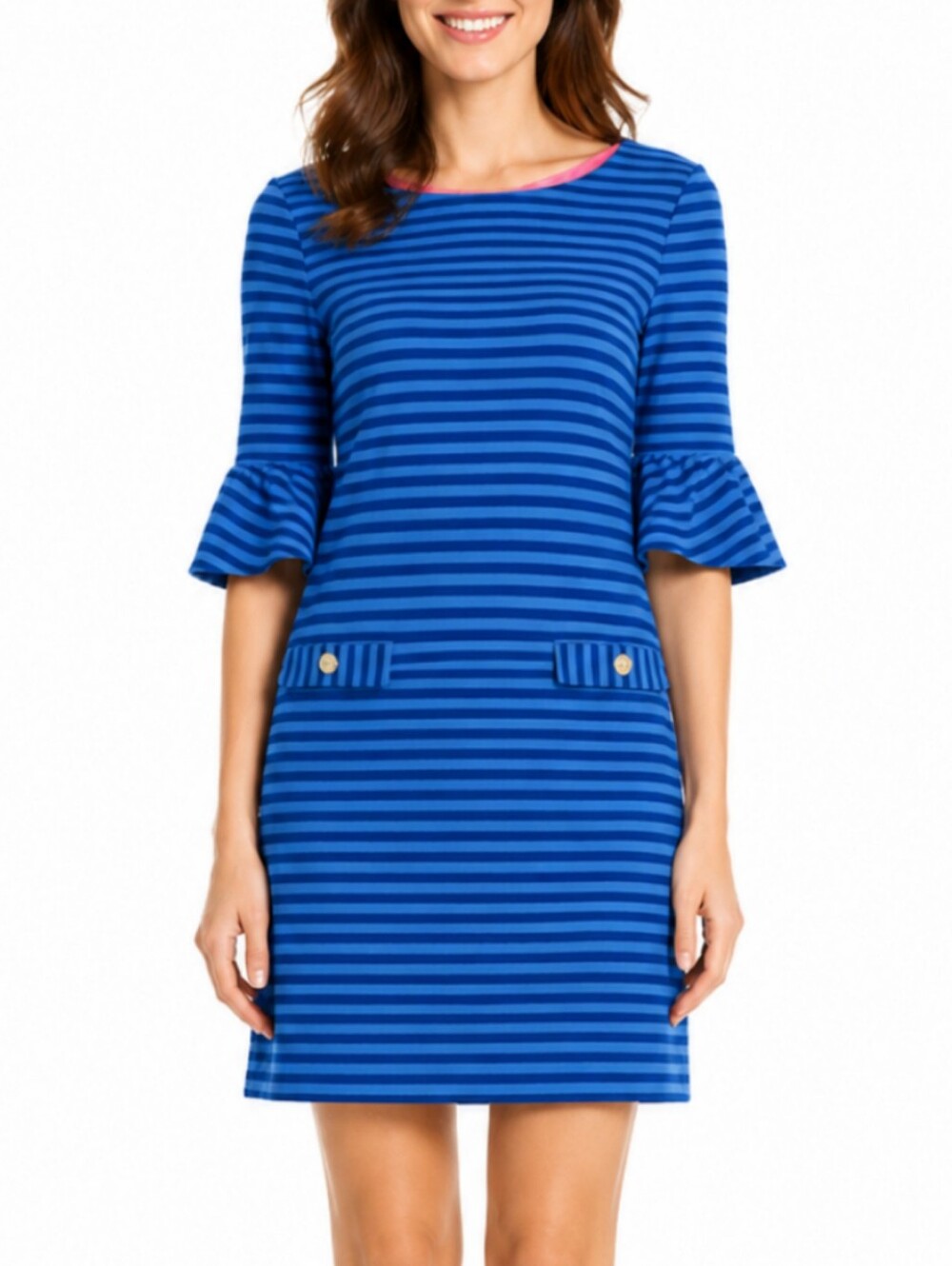 Lilly Pulitzer Alden Blue Pink Striped Shift Dress Size M Bell Sleeves Preppy